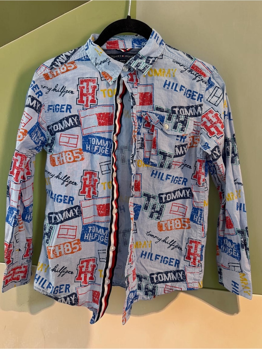 Tommy Hilfiger Boys All-Over Logo Print Shirt Sz 12/14 M Y2K